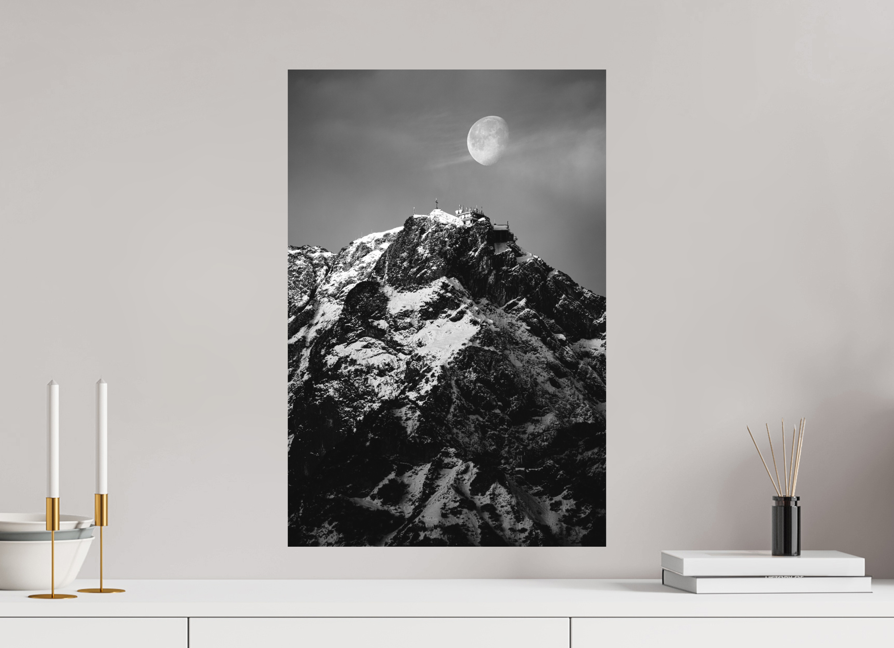 40 x 60 cm, Ilford Black And White Photo Print Matte Lamination On Aluminum Backing Moon over Untersberg