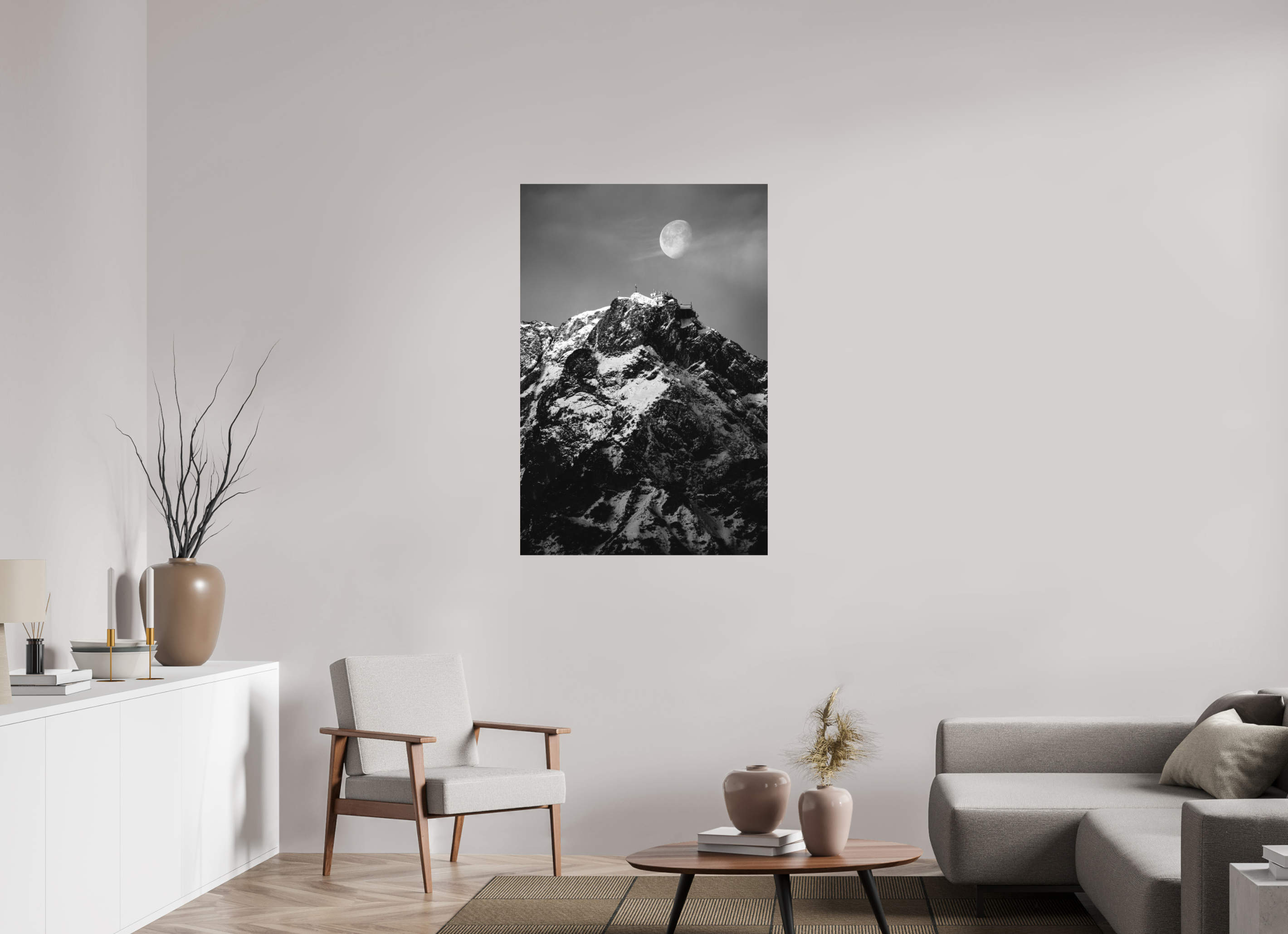80 x 120 cm, Ilford Black And White Photo Print Matte Lamination On Aluminum Backing Moon over Untersberg