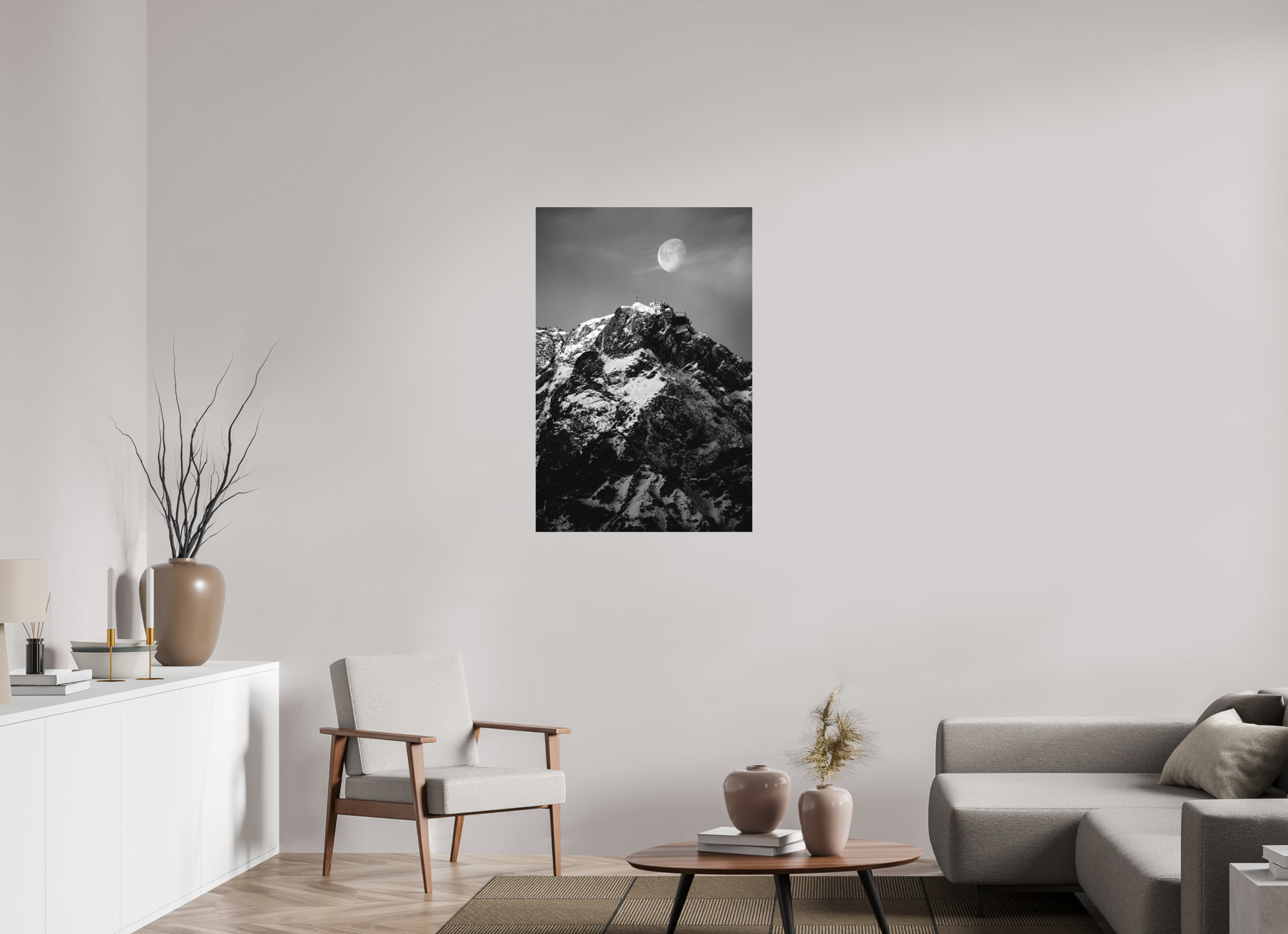 70 x 105 cm, Ilford Black And White Photo Print Matte Lamination On Aluminum Backing Moon over Untersberg